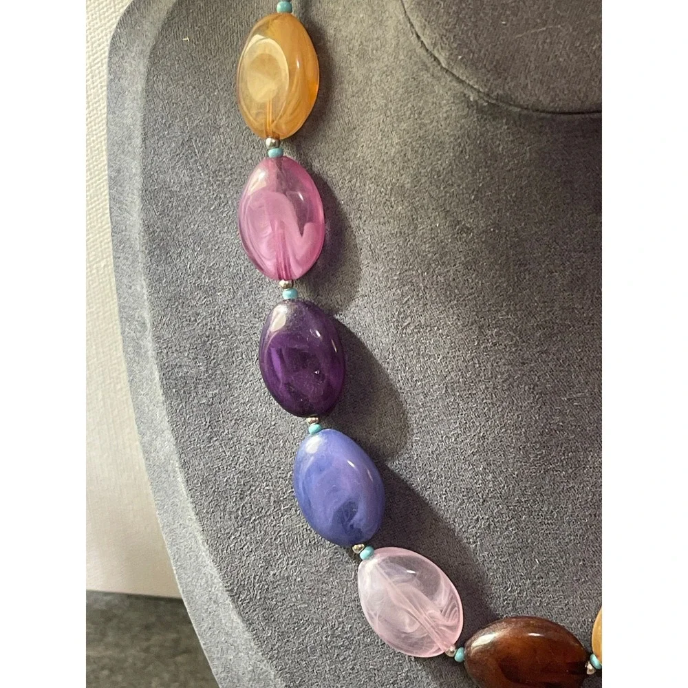 Multi Color Resin Oval Bead Necklace Boho Statement Adjustable Silver Tone Clasp